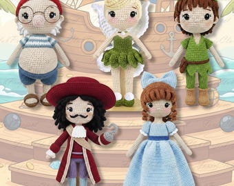 Peter Pan inspiriert häkeln Puppen, Märchen Amigurumi, Lost Boy Colectible Doll, nie erwachsen, Peter Pan Tinkerbell Captain Hook Smee Wendy