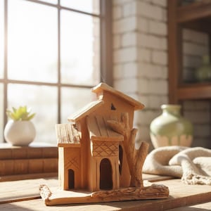 Puede incluir: Una detallada casa en miniatura de madera con un diseño rústico. La casa presenta un tejado a dos aguas, puertas arqueadas y un tronco de árbol incorporado a la estructura. El color natural de la madera y los intrincados detalles crean una pieza decorativa encantadora.