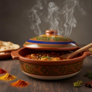 Puede incluir: Un plato de tagine de terracota humeante con una tapa estampada. El plato contiene un guiso y una cuchara de madera en su interior. Especias y pan plano se disponen cerca, sugiriendo una cocina de Oriente Medio o del norte de África.