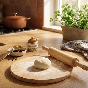 May include: A wooden rolling pin and a round wooden cutting board with flour and a ball of dough. A small bowl with spices and a measuring spoon are nearby, along with a jar labeled "Cardamom".