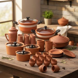 Puede incluir: Colección de utensilios de cocina y vajilla de terracota, que incluye ollas, sartenes, tazas, platos y pequeños recipientes. La batería de cocina presenta asas y tapas negras, con rayas blancas en algunas piezas. Dispuestos sobre una mesa de madera.