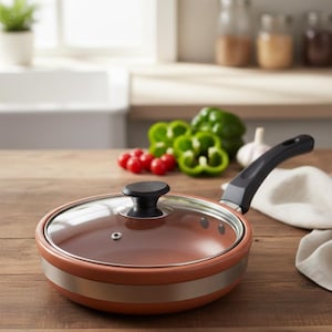 Könnte beinhalten: Eine kupferfarbene Bratpfanne mit Glasdeckel und schwarzem Griff steht auf einer Holzoberfläche. Die Pfanne hat einen silbernen Streifen in der Mitte. Frisches Gemüse, darunter Tomaten und Paprika, ist in der Nähe angeordnet.