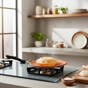 May include: A round, terracotta-colored griddle with a black handle sits on a gas stove, cooking a puffed-up flatbread. The kitchen setting includes a wooden cutting board with dough, a rolling pin, and a small bowl of flour.