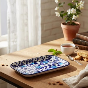 May include: Rectangular ceramic serving tray with a blue floral pattern on a white background. The tray has a dark blue border. The tray is on a wooden table, with a cup of tea, cookies, and a small plant in the background.