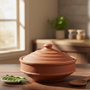Puede incluir: Una olla de cocina de terracota con tapa, colocada sobre una mesa de madera. La olla es de color marrón cálido y tiene una banda decorativa alrededor de la base. Una cuchara de madera y un plato pequeño con hojas verdes también están sobre la mesa.