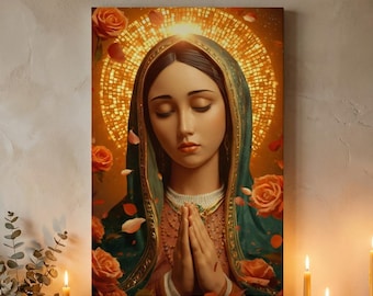 Lienzo con rosas de Guadalupe / Arte mural católico / Decoración para el Día de la Madre