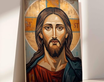 Cristo Pantocratore su tela / Icona sacra bizantina / Decorazione murale religiosa verticale