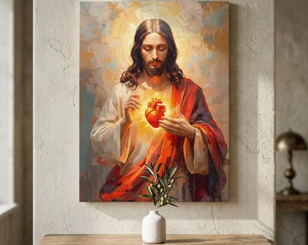 Sacred Heart Jesus Canvas | Catholic Wall Art | Christian Home Decor Gift