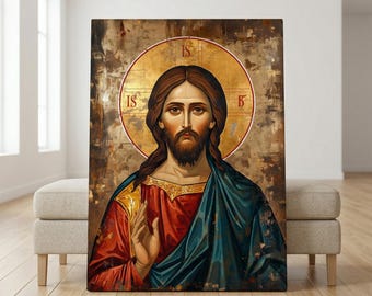 Quadro raffigurante Cristo Pantocratore – Arte murale cristiana, icona bizantina, decorazione per la stanza della preghiera