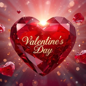 May include: A sparkling red heart-shaped gemstone with the words "Valentine's Day" in gold script. Several smaller heart-shaped gems and golden confetti float against a red background with light rays.