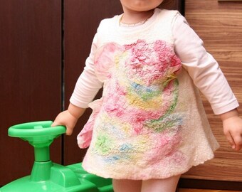 OOAK white and pink baby girl nuno felted dress 12-18 month. Gifts Under 75. Warm and soft. Eco friendly.