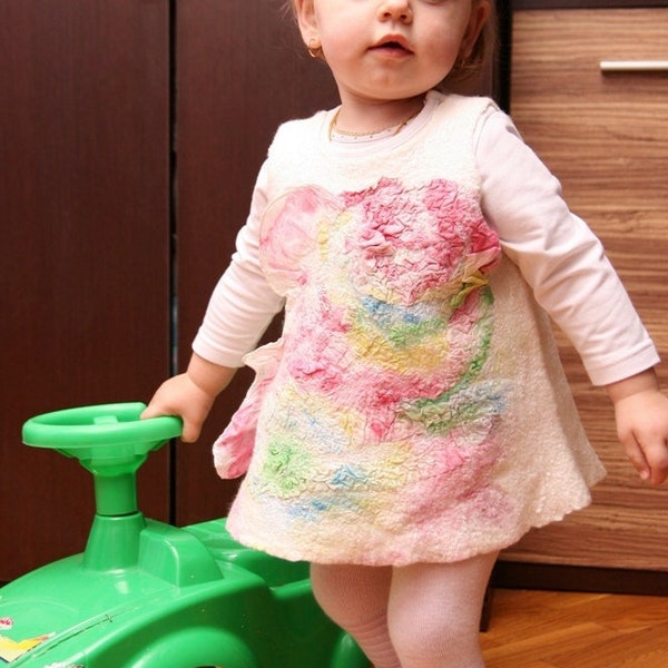 OOAK white and pink baby girl nuno felted dress 12-18 month. Gifts Under 75. Warm and soft. Eco friendly.