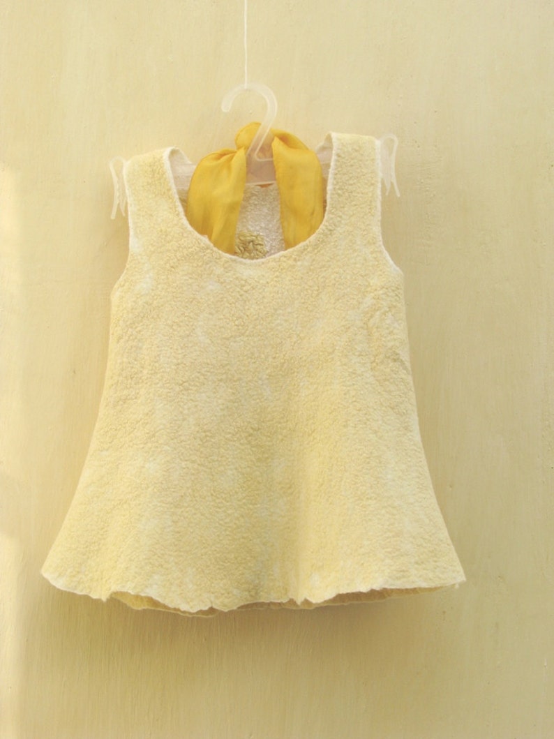 OOAK white and yellow baby girl nuno felted dress 9-18 month. Gifts Under 75. Warm and soft. Eco friendly image 3