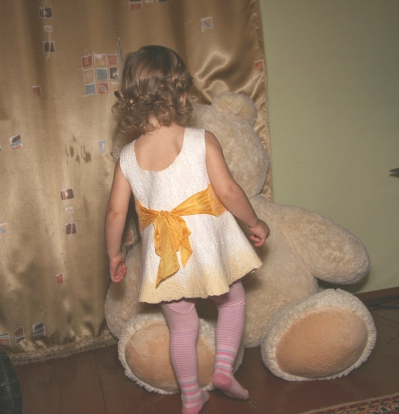 OOAK white and yellow baby girl nuno felted dress 9-18 month. Gifts Under 75. Warm and soft. Eco friendly image 5