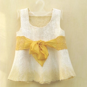 OOAK white and yellow baby girl nuno felted dress 9-18 month. Gifts Under 75. Warm and soft. Eco friendly image 2