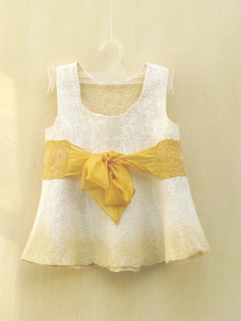 OOAK white and yellow baby girl nuno felted dress 9-18 month. Gifts Under 75. Warm and soft. Eco friendly image 2