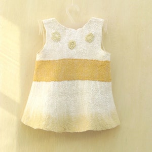 OOAK white and yellow baby girl nuno felted dress 9-18 month. Gifts Under 75. Warm and soft. Eco friendly image 1