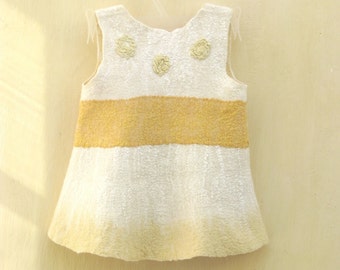 OOAK white and yellow baby girl nuno felted dress 9-18 month. Gifts Under 75. Warm and soft. Eco friendly