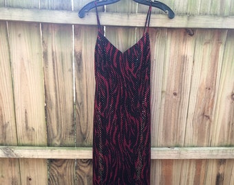 Vintage 90s Sleek Cache Evening Gown Size 4 / Shimmery Black and Red Animal Print Dress