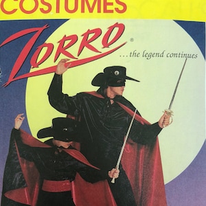 May include: A sewing pattern for a Zorro costume. The pattern includes instructions for making a black and red costume with a cape and sword. The pattern is for sizes 42-44. The pattern is from McCall's Costumes and is number 8872.