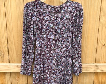 90s Floral Rayon Grunge Dress / 90s Floral Rayon Skater Fit and Flare Long Sleeve Dress