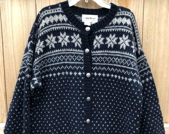 Vintage Woman's Eddie Bauer Wool Blend Cardigan Sweater / Wool Fair Isle Birds Eye Cardigan Sweater Size Small