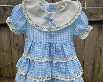 Girls Vintage Blue and White Gingham Swing Dress Size 18 Months