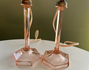 Vintage / Antique Pink Depression Glass Oil Lamps Set of 2 RARE Slim Hexagon Shape