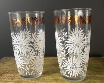 Mid Century Modern Hazel Atlas Gold and White Flower Tumblers or Highballs Glasses