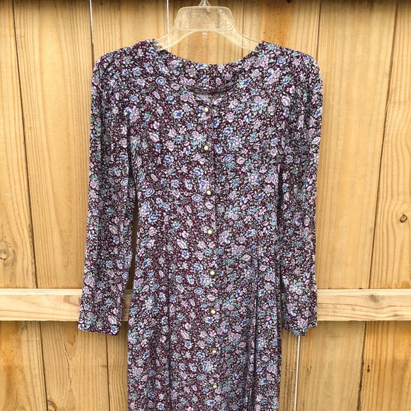 90s Floral Rayon Grunge Dress / 90s Floral Rayon Skater Fit and Flare Long Sleeve Dress