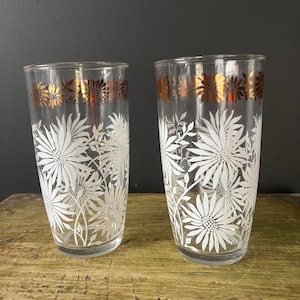 Mid Century Modern Hazel Atlas Gold und weiße Blume Becher oder Highballs Gläser