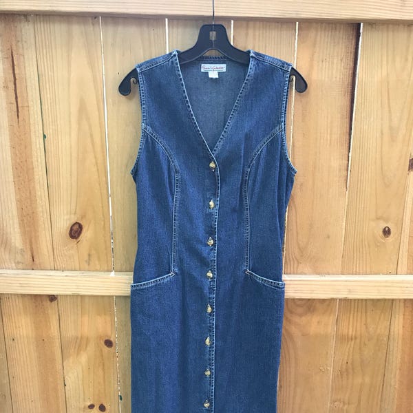 Vintage 90s Long Sleeveless Denim Dress by Gloria Vanderbilt / Size Small Minimalist Long Denim Dress