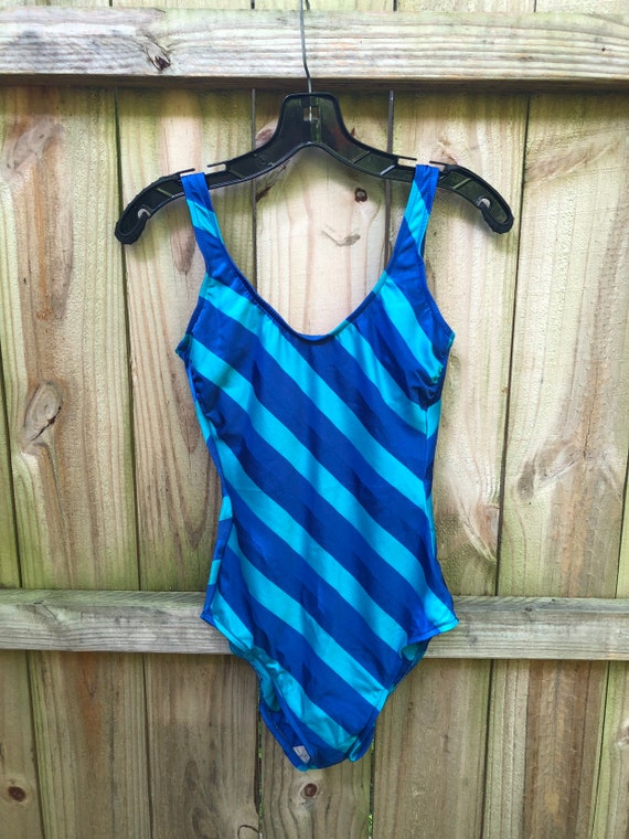 Vintage 80s Blue Striped Robby Len Bathing Suit / 