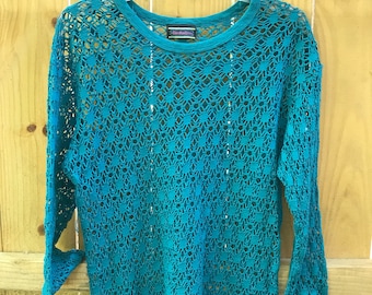 90s Vintage Holey Swim Beach Shirt Teal Beach Cover up By Tantalize