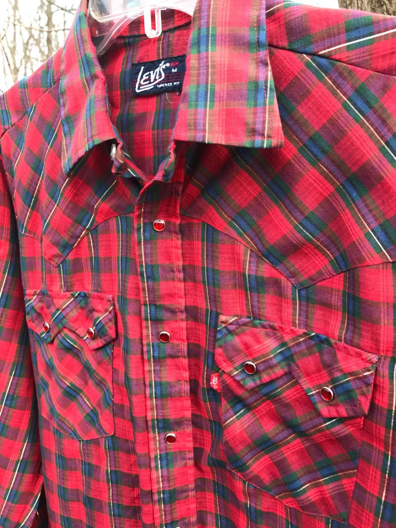 Mens Plaid Levis Red Plaid Western Snap Up Shirt Size Medium | Etsy