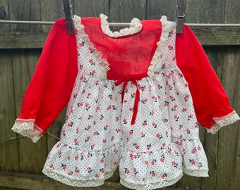Vintage Baby Mädchen Toddle Time Rotes Blumen Swing Top Kleid Größe 6-9 Monate