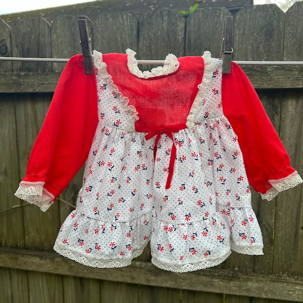 Vintage Baby Girls Toddle Time Red Floral Swing Top Dress Size 6-9 months