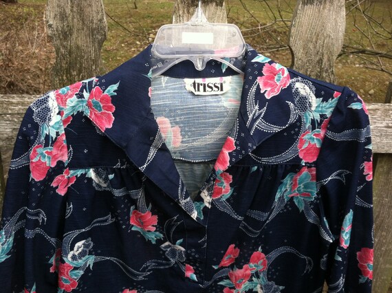 Vintage 70s Trissi floral Boho Tunic Blouse / Nav… - image 4