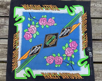 Vintage 1983 Harley Davidson Bandana Scarf Roses Floral Biker Motorcycle Head Wrap Made in USA Black Blue Neon