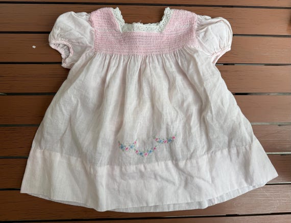Vintage Smocked Baby Dress: Pink Eyelet Lace, Embroidered Flowers (6M)