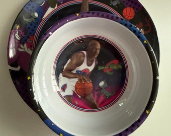 Vintage 1996 Space Jam Kindergeschirr Set Teller & Schüssel Michael Jordan Tune Squad Warner Bros Sammlerstück Melamin