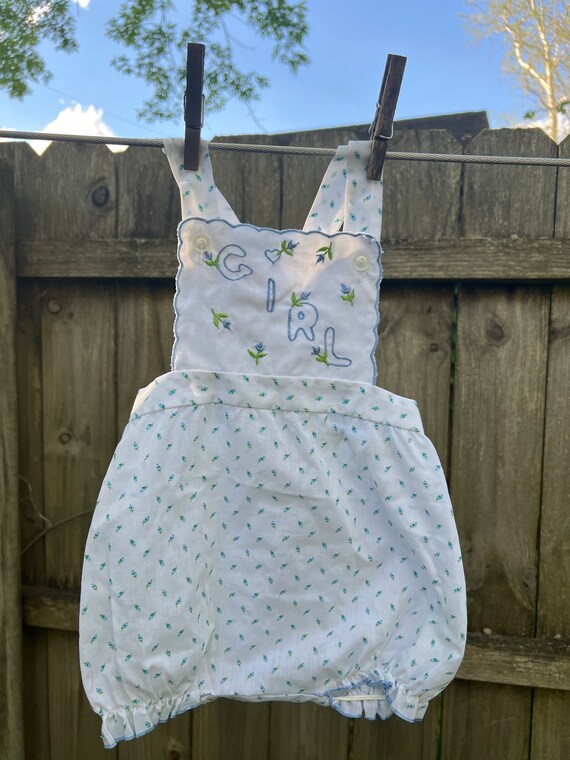 Vintage Baby Girl Blue Floral Romper Size 18 Mont… - image 1