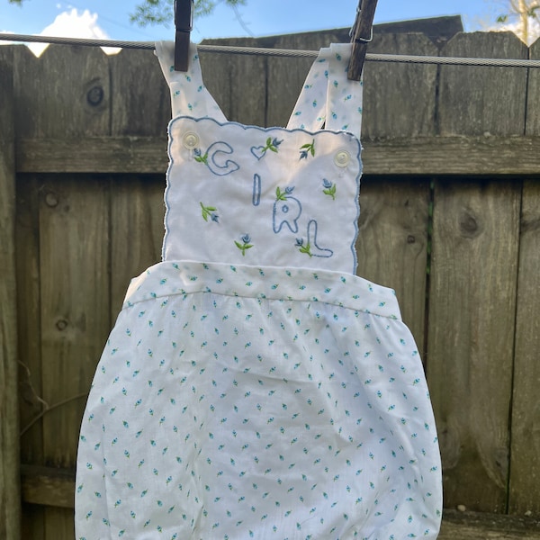 Vintage Baby Girl Blue Floral Romper Size 18 Months / Romper says Girl