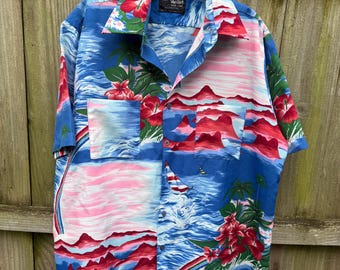 Vintage 70s Hawaiian Shirt: Men's Short Sleeve Button Up, Blue & Pink (Large, AS IS)