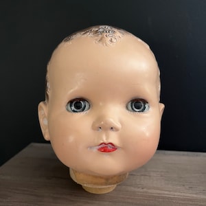 Vintage Ideal Doll Head / Hard Plastic, Wood Base, Blinking Eyes