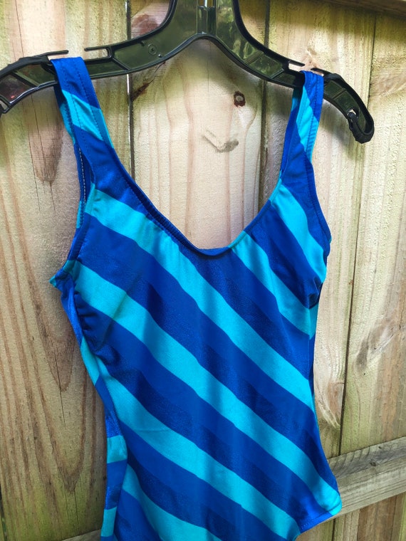 Vintage 80s Blue Striped Robby Len Bathing Suit /… - image 4