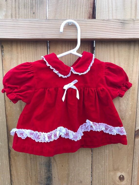 Vintage Baby Girls Red Velveteen and Lace Dress Sw