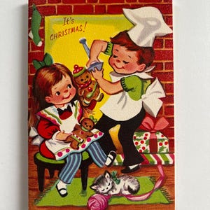 Vintage Weihnachtsgruß-Karte - Kinder, die Lebkuchen-Plätzchen machen / Vintage Kinderweihnachtskarte Aktivitätskarte