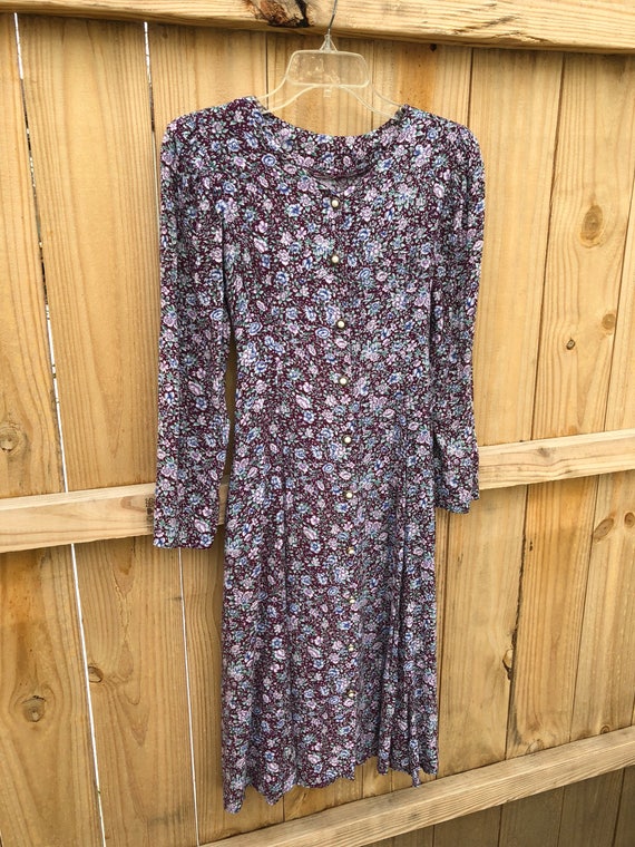 90s Floral Rayon Grunge Dress / 90s Floral Rayon Skater Fit and Flare Long Sleeve Dress