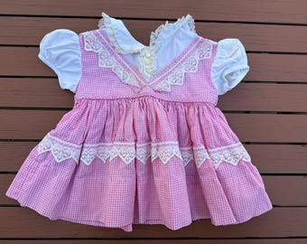 Vintage Gingham Baby Dress: Pink Heart Lace Collar, 6-9 Months